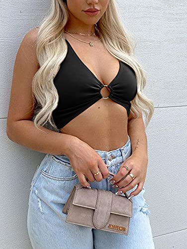 Sexy Crop Tops for Women Sleeveless Deep V Neck Workout Tops Plunge Ring Cleavage Cropped Tank Top4