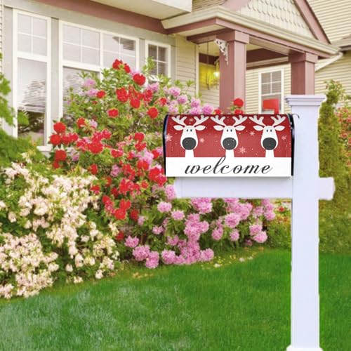 Image of Christmas Reindeer Mailbox Cover Magnetic, Welcome Winter Snowflakes Xmas Elk Mailbox Wrap, Standard Size 21x18 Inch Waterproof Letter Post Cover for Garden Yard Outdoor Outside Decor