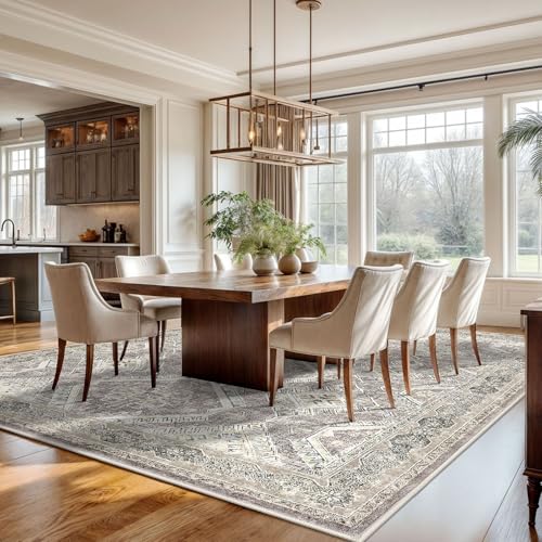 KUTA Ivory Grey Yellow Oriental Medallion Area Rugs 9x12 Living Room, Non-Slip Extra Large Rugs 9x12 for Bedroom, Washable Dining Room Carpet 9 by 12, Low-Pile Soft Printed Vintage Floral Throw