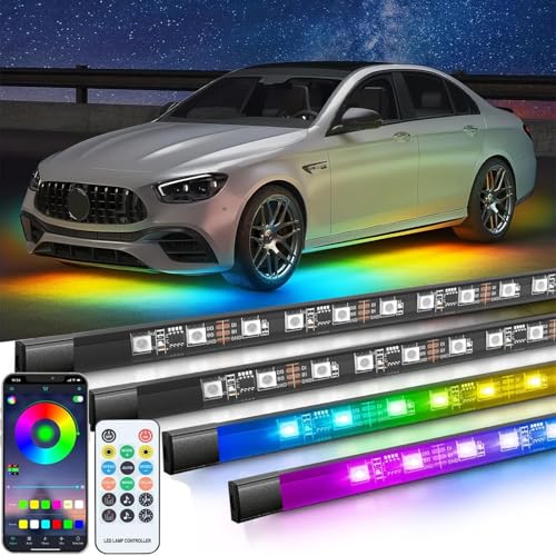 Car Underglow LED Lights,4 Pcs Dream Color Chasing Strip Lights with Wireless APP & Remote Control,Exterior Car Neon Accent Lights Kit with 16 Million Colors Sync to Music,DC12 for Cars, Trucks, Boats