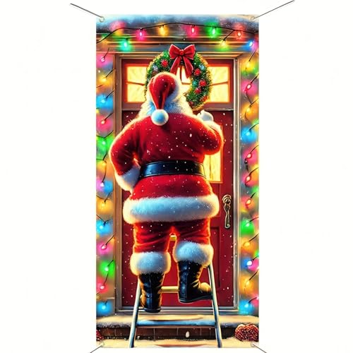 Image of BlissYard Christmas Door Cover 71x35 Inch Funny Santa Claus Hanging Wreath on Ladder Door Banner Holiday Decoration Winter Xmas Photo Backdrop for Indoor Outdoor Porch Home Party Supplies