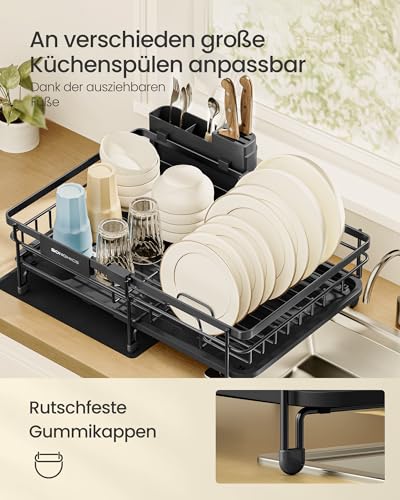 SONGMICS Abtropfgestell Geschirr, für kleine Räume, Geschirr-Abtropfständer ausziehbar, 360° drehbarer und ausziehbarer Ablauf, Stahl, (30,2-46,5) x 29,6 x 14 cm, tintenschwarz KCS556BH01 3