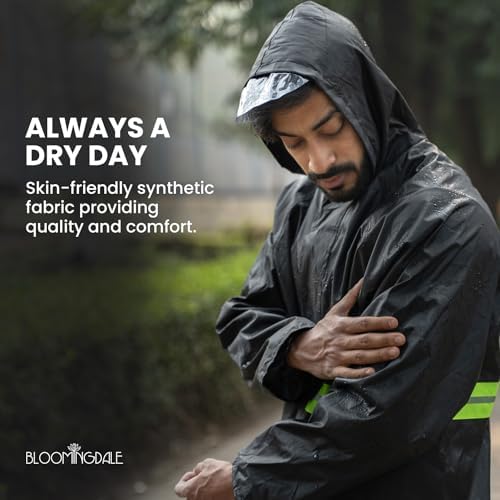 Image of Bloomingdale Rain Coat For Men & Women Waterproof Bike Raincoat For Men With Pant Set Reflective Raincoat For Women, Boys & Girls Adjustable Top And Bottom Rain Coat For Women With Bag - Black Green