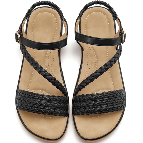 Aomigoct Dressy Womens Sandals Summer: Comfortable Strappy Flats Sandals Women - Casual Walking Woman Shoes