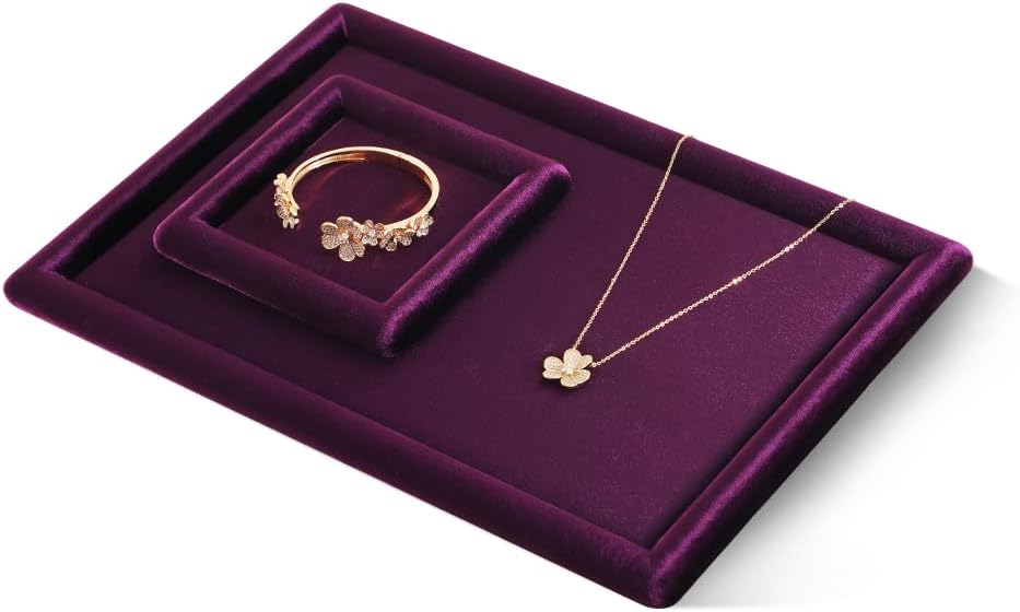 Resilient Velvet Ring Earring Bracelet Necklace Display Tray, Flat Jewelry Storage Organize Tray, Vintage Gold Bangle Pendant Watch Jewelry Dish Plate (Purple)