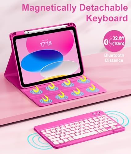 Image of Hamile for iPad 11th 10th Generation Case with Keyboard - 7 Colors Backlit Wireless Detachable Folio Keyboard Cover with Pencil Holder for iPad 11-inch A16 2025 10th Gen 10.9 Inch 2022 (Hot Pink)