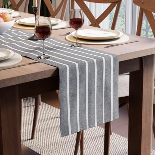 Image of Encasa XO Cotton Table Runner for 4 to 6 Seater | Size 13x72 in | Roma Grey Stripes - Machine Washable & Durable