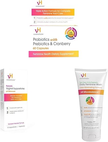 vH essentials Probióticos - 60 cápsulas y supositorios vaginales equilibrados con pH prebiótico, versión original, 15 unidades y lavado femenino disponible en Yaxa El Salvador