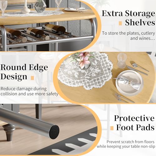 Image of VECELO 3-Piece Dining Table Set for Kitchen Breakfast Nook, Wood Grain Oval Tabletop and Metal Frame with Built-in Wine Rack, for Small Spaces, Natural & Silver