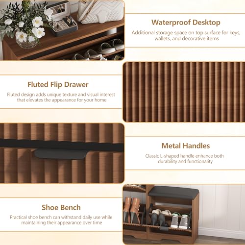 Image of HUANLEGO Shoe Cabinet Storage for Entryway with 4 Flip Drawers, Walnut Fluted Shoe Cabinet with Bench, Wooden Hidden Shoe Rack Freestanding Narrow Slim Shoes Storage Organizer for Hallway, Entrance