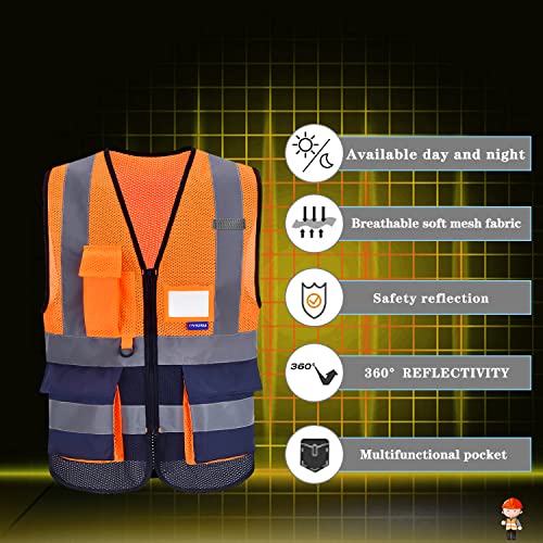 Image of Hi-Vis Reflective Vest, Reinforced Points, Zipper, Orange /Navy, M | Orange /Navy M fabric work vest with 7 pockets, clear ID pocket and radio mic loop for utility work and site supervision.