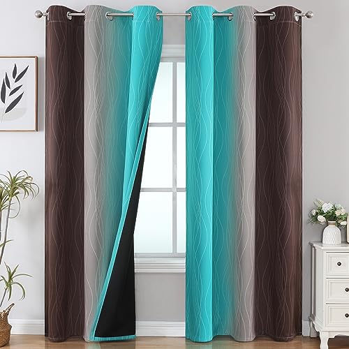 Estelar Textiler Brown and Teal Room Darkening Blackout Curtains 84 Inch Length 2 Panels Set for Living Room, Thermal Insulated Ombre Light Blocking Grommet Blackout Drapes for Bedroom, 42Wx84L