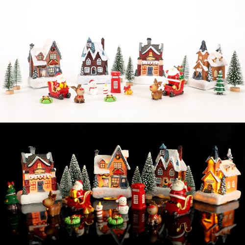 JOYOFXMAS 24Pcs Christmas Village Sets, Resin Christmas Houses with LED Light, Christmas Town Scene Figurines, Christmas Decor Collection Buildings