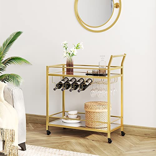 Hoobro Bar Cart Gold, Bar Serving Cart, With 2 Mirrored Storage Shelves, Wine Cart With Bottle And Cup Holders, Rolling Storage Cart, For Kitchen, Dining Room, Club, Bar, Gold Gd75Tc01 #TOP1