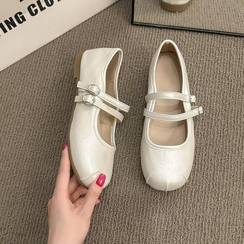 ChaiRong Zhou Women Mary Jane Shoes Pu Leather Double Buckle Straps Round Ballet Flats Casual Dress Shoes2