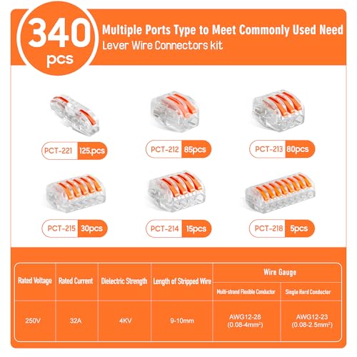 Image of 340PCS Lever Wire Connectors Kit with 2 /3 /4 /5 /8 Conductors