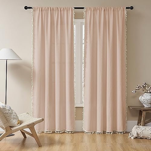 Image of Joydeco Dusty Pink Boho Curtains 84 Inch Length 2 Panels, Super Soft Bohemian Farmhouse Curtains with Tassels, Semi Sheer Light Filtering Drapes for Bedroom Living Room (Rod Pocket, 52Wx84L)
