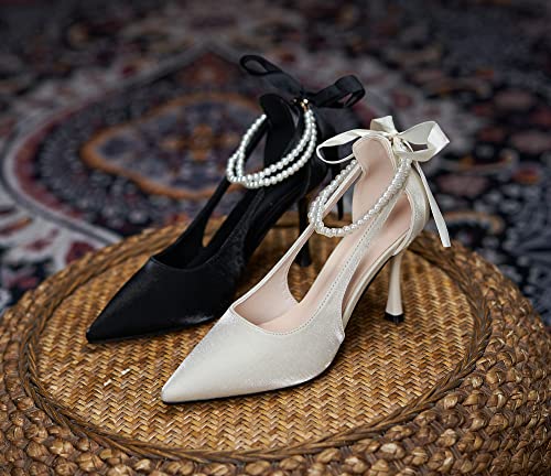 LizFoYa Women Satin Wedding High Heels Pointed Toe Bridal Pumps Heels Pearls Decorated Ribbon Sexy Heels3