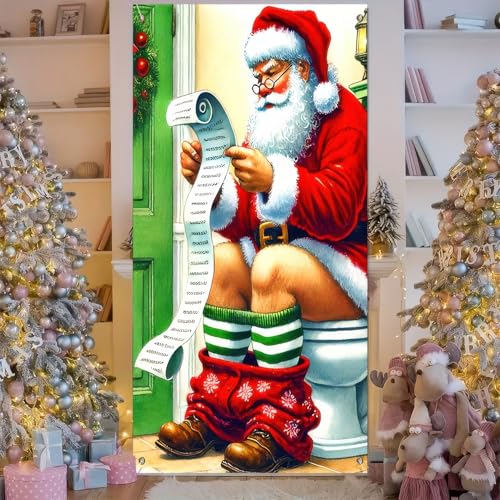 Image of BlissYard Christmas Door Cover 71x35 Inch Funny Santa Reading List Door Banner, Merry Christmas Winter Porch Sign for Front Door, Holiday Party Indoor Outdoor Decor Farmhouse Entry Hanging Cover