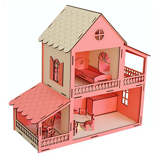 Puppenhaus aus Holz für Puppen, Puppenstube mit 2 Etagen und 9 Teilen, 2 Etagen Puppenhaus mit Möbeln. Tolles Geschenk für Kinder. Grosses Traumvilla. Maße: 47x44x21 cm. Mädchen Spielzeug ab 3 Jahre Cover
