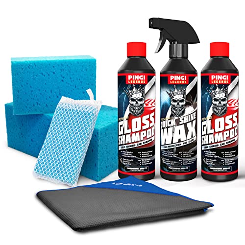 Preisvergleich Produktbild Pingi Autopflege-Reinigungsset / Enthält 2 x 500ml Autoglanz-Shampoo, 3 Autoschwämme, Autotrockentuch & Autowachs-Spray / Autowaschset Autoset Pflegeset / Autowaschanlage für daheim / Geschenkset