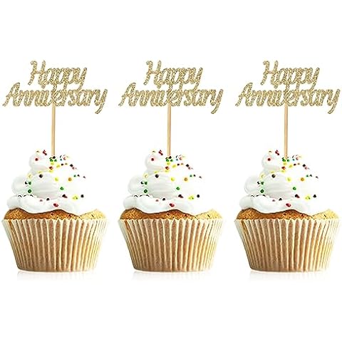 Donoter 48 Pcs Light Gold Glitter Happy Anniversary Cupcake Toppers Picks for Wedding Anniversary Party Cake Decorations Cover