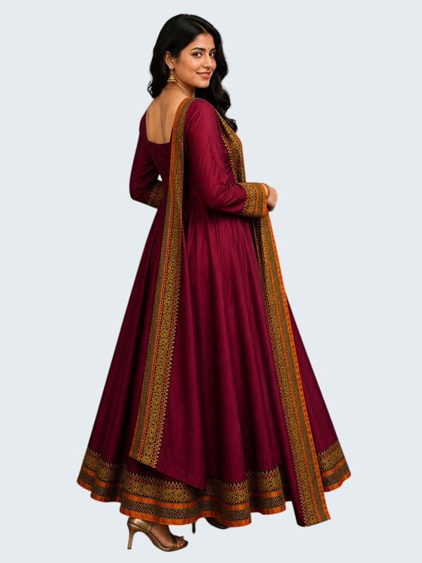 Image of Women's Vichitra Silk Anarkali Gown with Dupatta | Designer Flared Ethnic Long Gown for Women | Festive Wedding Traditional Dress