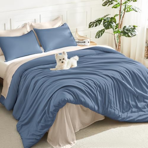Image of Litanika Haze Blue Oversized King Comforter Set Super King Plus Size, 3 Pieces Lightweight Solid Bedding Comforter Set, All Season Fluffy Bed Set (128x120In Comforter & 2 Pillowcases)