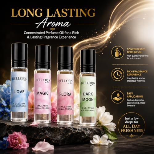 Image of Premium Attar Gift Set for Men & Women | Love, Magic, Flora & Dark Moon | Non Alcoholic Roll-On Perfume Oil | Long Lasting Fragrance | 4 x 6ml (24ml Total)