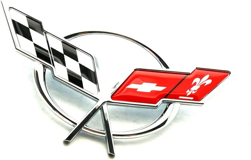 Pair Set 1997-2004 Corvette C5 Front Nose Emblem and Rear Deck Lid 3D Crossed Flags Badge Replacement for Corvette (Chrome Red)