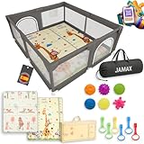 JAMAX Parque Infantil Bebe 150x180 + Alfombra Acolchada Reversible 1,5 cm de Grosor + 6 Pelotas Sensoriales +6 Agarraderas + Bolsa transporte | Corralito bebe | Parque bebe (150 x 180)