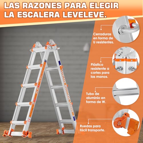 Miniatura 4 de Escalera De 5 Peldaños, Una Escalera Deslizante De 5.2 M De Largo Con Estabilizador Y Ruedas, 150 Kg De Carga De Seguridad, Escalera Multiposición Para Escaleras, Hogar, Interior, Exterior