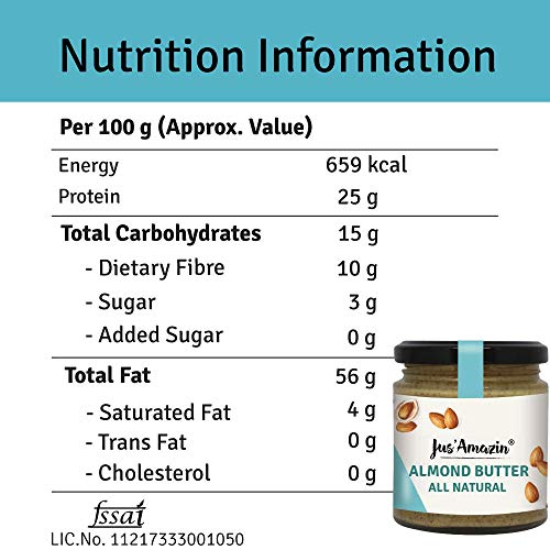 Image of Jus' Amazin Creamy Almond Butter - Unsweetened (200 g) Pack of 2 | 25% Protein | Plant-Based Nutrition | 100% Almonds | Zero Additives | Vegan | Dairy Free | 100% Natural | Keto