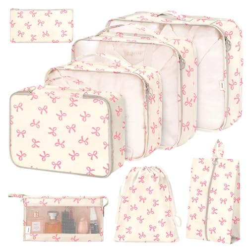 8 Set Packing Cubes for Suitcases,Suitcase Organizer with Shoe,Cosmetics,Clothing, and Accessories Bags for Travel Luggage Organizer Women Men(Pink Bows)