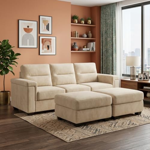Image of FURNY Parker 3 Seater Sofa Set with 2 Ottomans | Premium Suede Velvet Fabric Finish | Durable Comfort Sofa for Modern Living Room & Office Spaces
