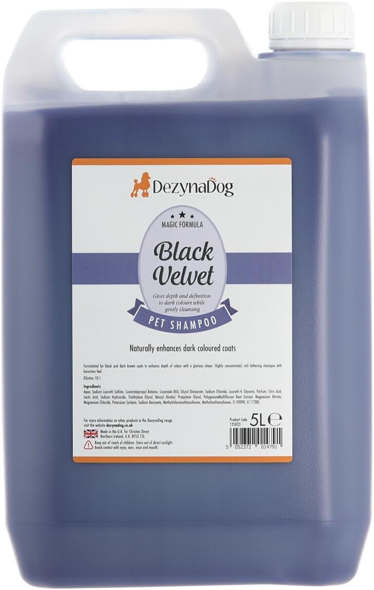 Dezynadog Magic Formula Black Velvet Dog Shampoo – Colour Enhancing Shampoo for Dark Coats – Dog Shampoo for Smelly Dogs – Gently Cleans Coat – Restores Natural Shine & Colour for Dog’s Coat, 5 Litre Dezynadog Magic Formula Black Velvet Dog Shampoo – Colour Enhancing Shampoo for Dark Coats – Dog Shampoo for Smelly Dogs – Gently Cleans Coat – Restores Natural Shine & Colour for Dog’s Coat, 5 Litre