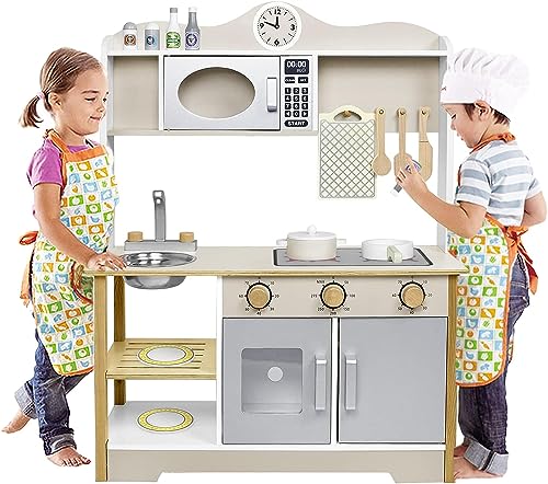 ACXIN Juego de cocina de madera para niños, juego de juguetes de cocina con accesorios de cocina infantil, accesorios de cocina de acero inoxidable y madera, minicocina para niños y niñas (68 x 26 x