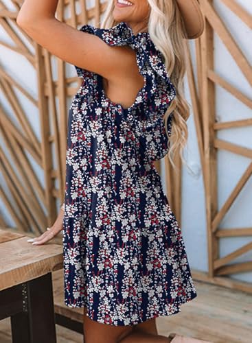 Image of Dokotoo Womens Summer Dresses 2026 V-Neck Drawstring Ruffle Cap Short Sleeve Side Pockets Mini Dress Sundress
