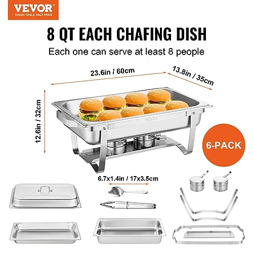 Vevor 8 Quart Chafing Dish Buffet Set Full Size Rectangular Chafer for Catering, 6 Packs, Silver : Home & Kitchen