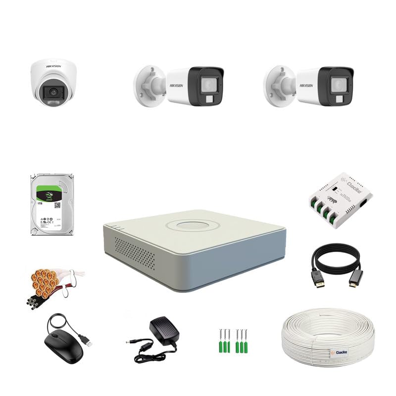 Image of HIKVISION 3K /5MP 4 Channel DVR, 3K (5MP) 1 Dome & 2 Bullet Cameras [Color Night Vision + Built-in Audio MIC + SMART Dual Light + Motion Detection] + 1 TB HDD + CLOCITE 4 CH SMPS + CCTV Cable + BNC /DC