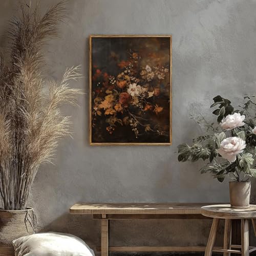 Image of KISSFOX Vintage Framed Wall Art Decor Rustic Floral Pictures Wall Decor Dark Botanical Canvas Art Prints Moody Flowers Paintings Artwork For Bedroom Living Room
