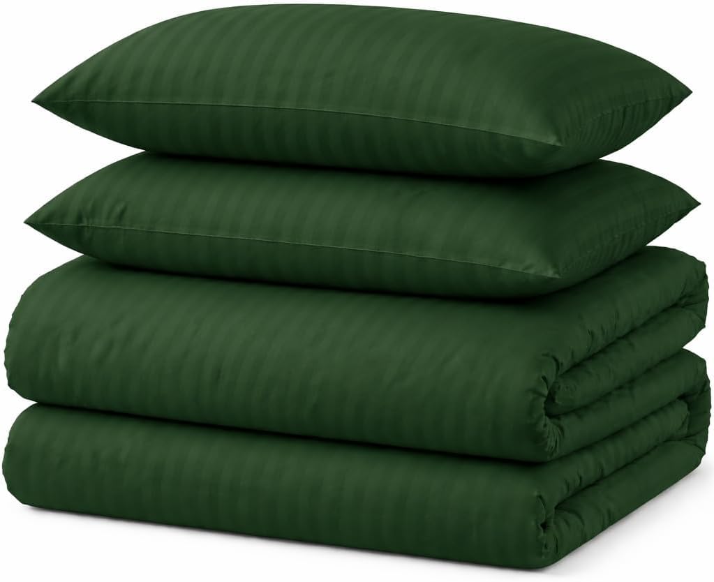 Duvet Cover Set Stripe Microfibre Soft Bedding Set (Green, King)