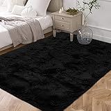 Enyhom Indoor Weich Shaggy Teppich 120 x 160 cm Großen Waschbar Hochflor Teppich Luxus Samt Shag Teppich rutschfeste Dicker Kunstfell Bodenteppich für Wohnzimmer Schlafzimmer Sofa, Schwarz