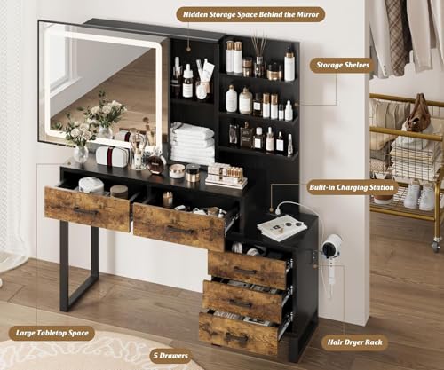 Makeup Vanity Desk with Sliding Mirror and Lights, Large Dressing Table with Charging Station, 3 Lighting Modes, 5 Large Drawers and 3 Tiers of Open Shelves for Bedroom, Dark Brown