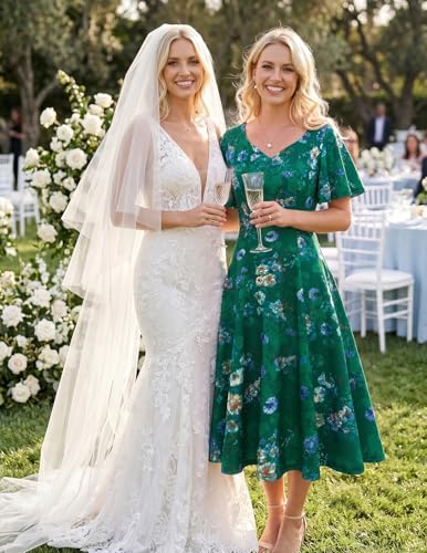 Image of HomRain Wedding Guest Dresses for Women Vintage Short Sleeves Casual Fit and Flare Cocktail Formal Dress for Tea Party