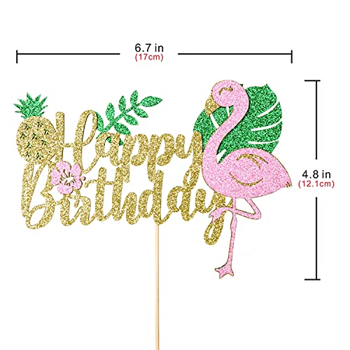 Artczlay Golden Glitter Happy Birthday Cake Topper, Flamingo Palm Leaf Pineapple Cake Topper, Hawaii Theme Birthday Party Supplies #TOP3