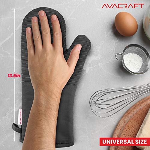 Avacraft Oven Mitts Pair, Flexible, 100% Cotton With Unique Heat Resistant Food Grade Silicone, Thick Terry Cloth Interior, 500 F Heat Resistant (Grey Oven Mitts) #TOP2