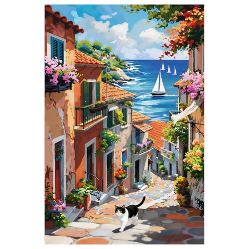 Rompecabezas Sunlit Alley Adventure 500 piezas para adultos – Colorida escena de pueblo mediterráneo con gatos, veleros y flores – Regalo relajante