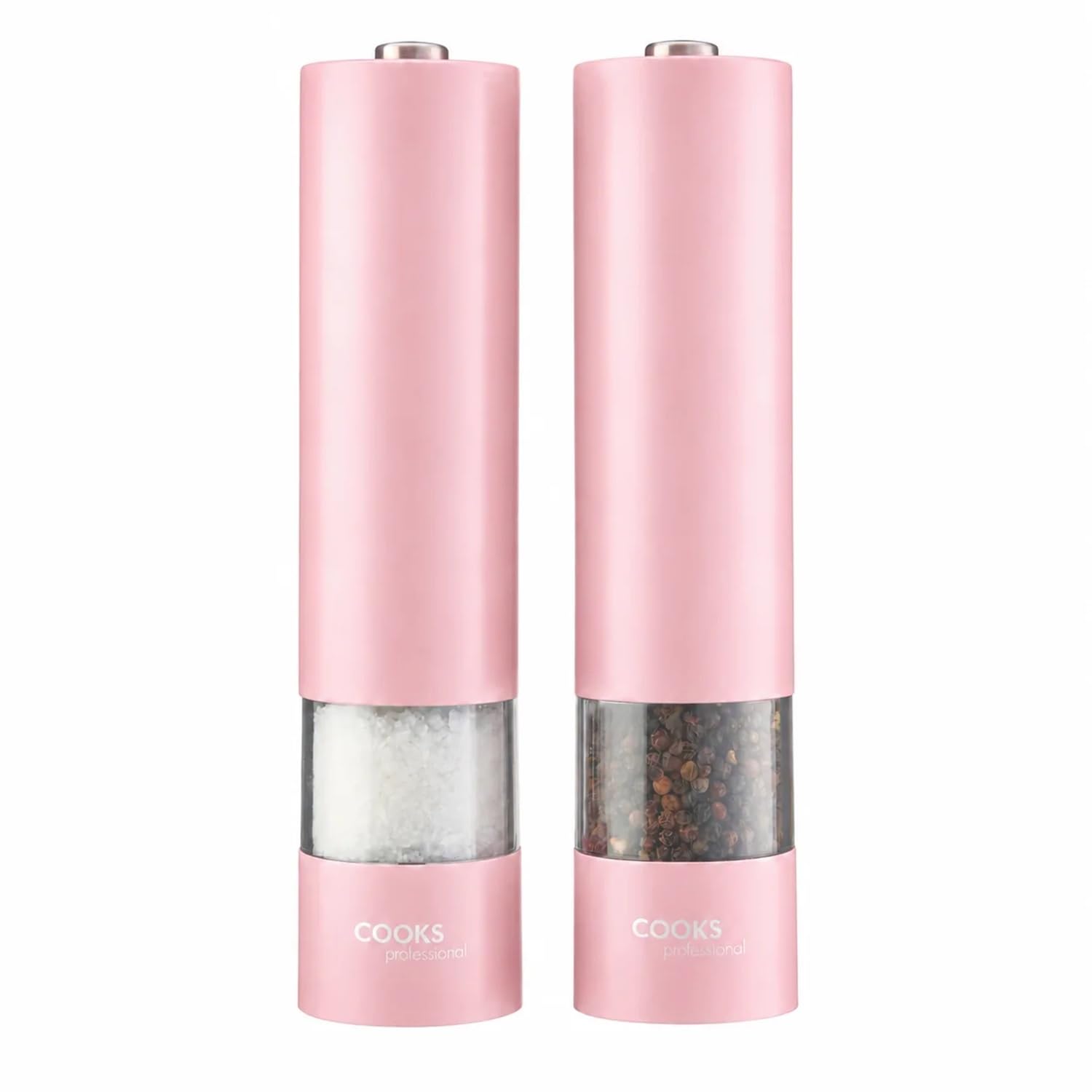 Cooks Professional Electric Salt and Pepper Mill Set | Battery Operated Automatic Grinders with Adjustable Course & Fine Grinding & One Touch Operation | Condiment Seasoning Grinder | Pink