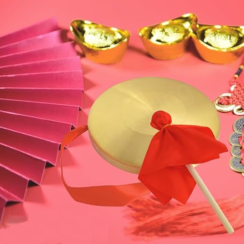 Hooshing Gong Instrument 8.7 Inch Chinese Traditional Percussion Instrument Brass Gong with Mallet and Red Ribbons for Festival Celebration Party Cheering